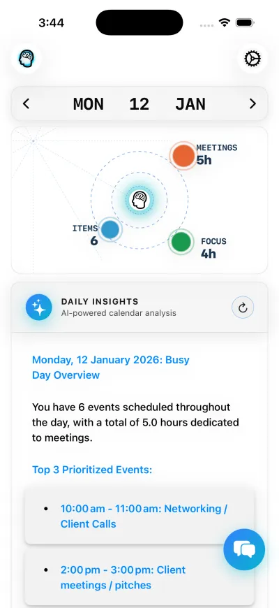 Main dashboard showing daily planner with calendar events